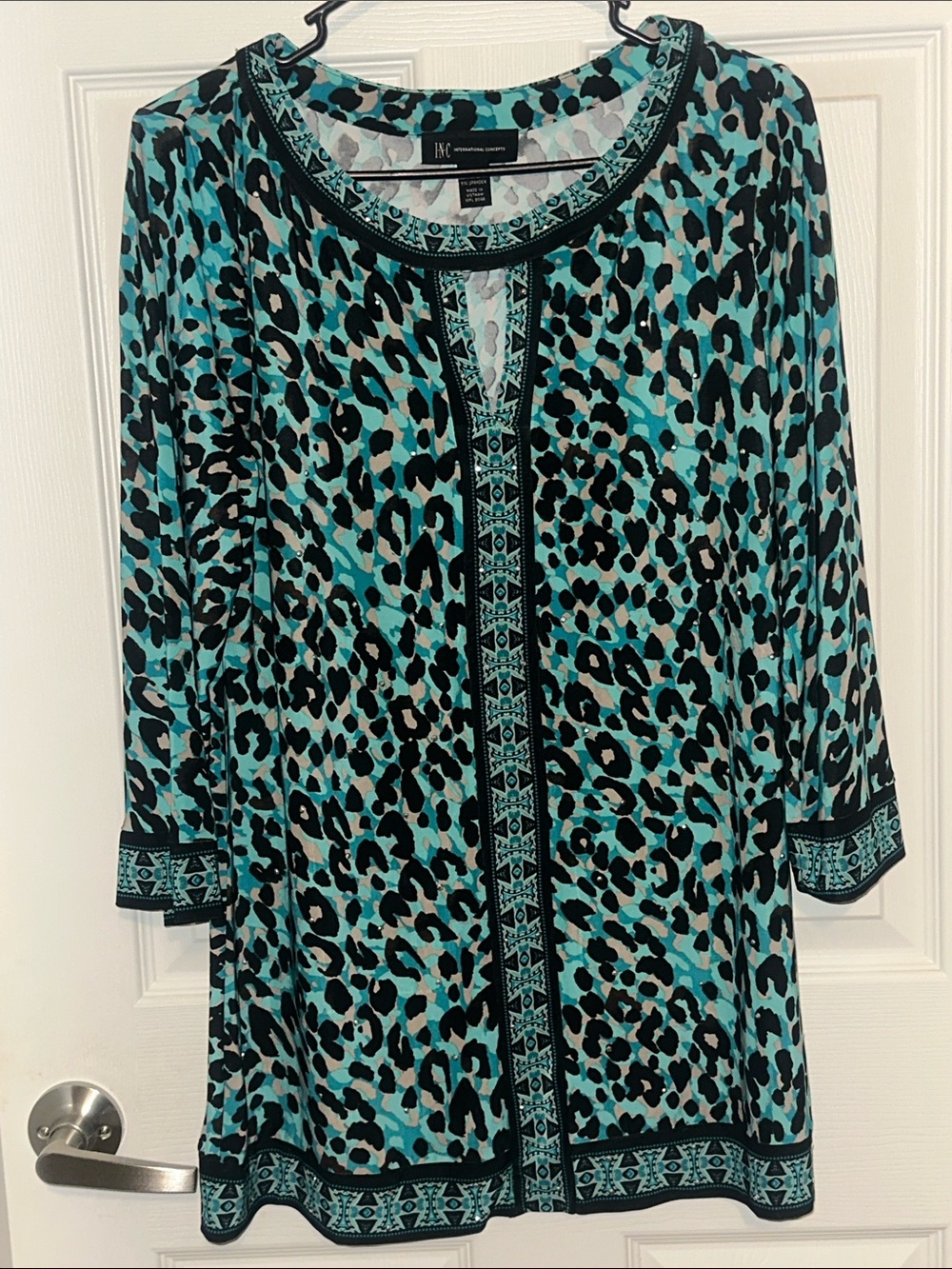 INC International Concepts Turquoise Black Leopard Print Tunic